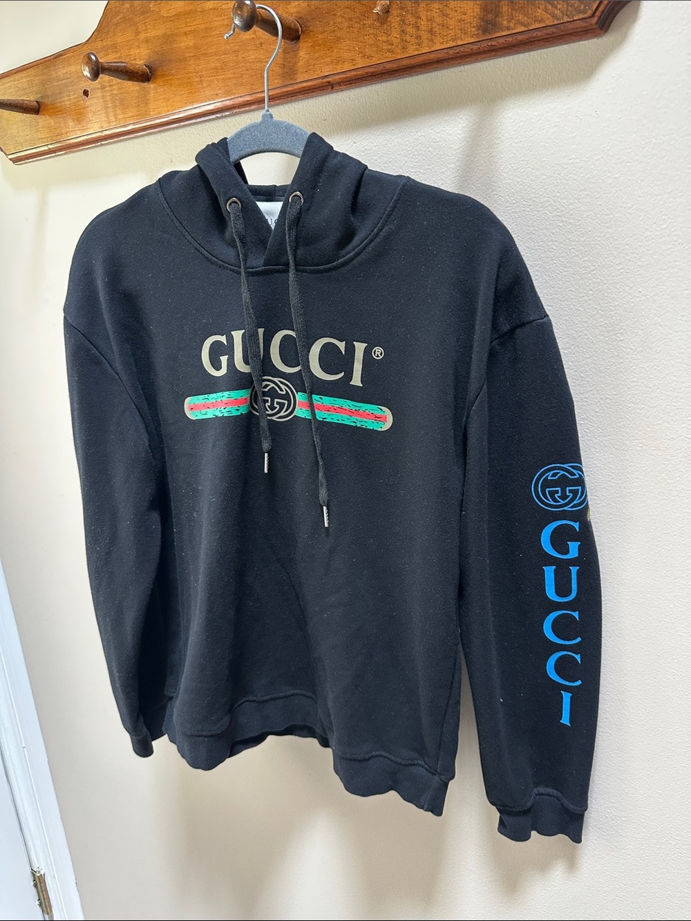 Gucci Black Crewneck Sweater with Green & Red Stripe and Blue Sleeve Logo